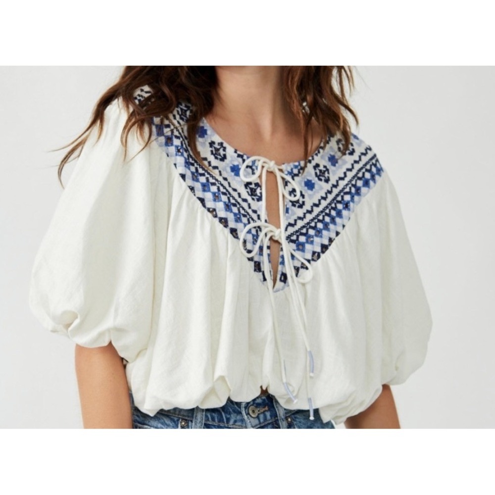 Free People Womens White Blue Embroidered Linen Blend Bubble Crop Top Size M